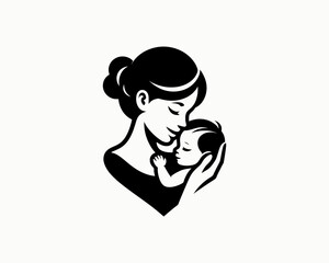 Happy Mother's Day Logo Design Template. Loving Family with Mother and Baby Silhouette Vector Illustration