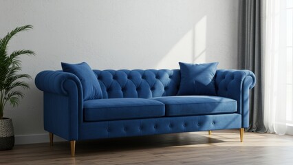 A stylish blue velvet sofa with pillows in a bright living room interior.