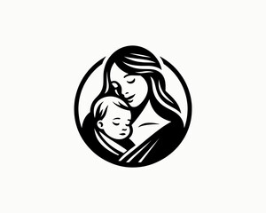 Happy Mother's Day Logo Design Template. Loving Family with Mother and Baby Silhouette Vector Illustration