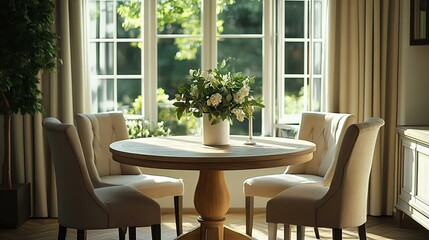 Fototapeta premium Cozy dining area with a round wooden table, floral centerpiece, and light-filled atmosphere, perfect for home decor and interior design inspiration.
