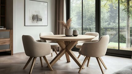 Modern dining room with a round wooden table and stylish chairs, featuring large windows that enhance natural light and provide a view of greenery.