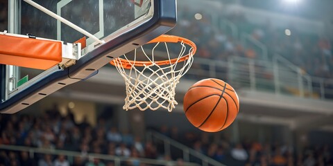 Basketball mid-air heading toward the hoop during an intense game, showcasing the excitement of scoring points in a professional sports arena under bright lights banner and cover