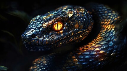 Fototapeta premium A close-up view of a striking snake with a metallic blue and gold scales, featuring a mesmerizing glowing orange eye, set in dark foliage.