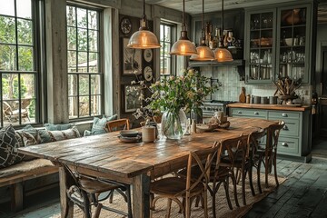 Fototapeta premium Rustic dining room with a large wooden table and decor