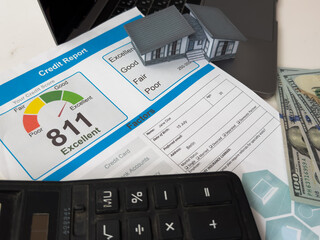 Credit score report and calculator with computer keyboard on the desk.