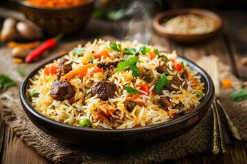Delicious Biryani featuring a colorful arrangement of fragrant rice layered with succulent spiced meat and fresh vegetables.