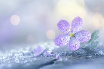 delicate purple wildflower emerging through urban concrete crack morning dew drops glistening soft bokeh background