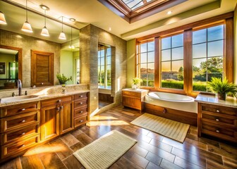 Luxurious Family Bathroom: Fine Wood, Tile, & High-End Fixtures - Drone Aerial View