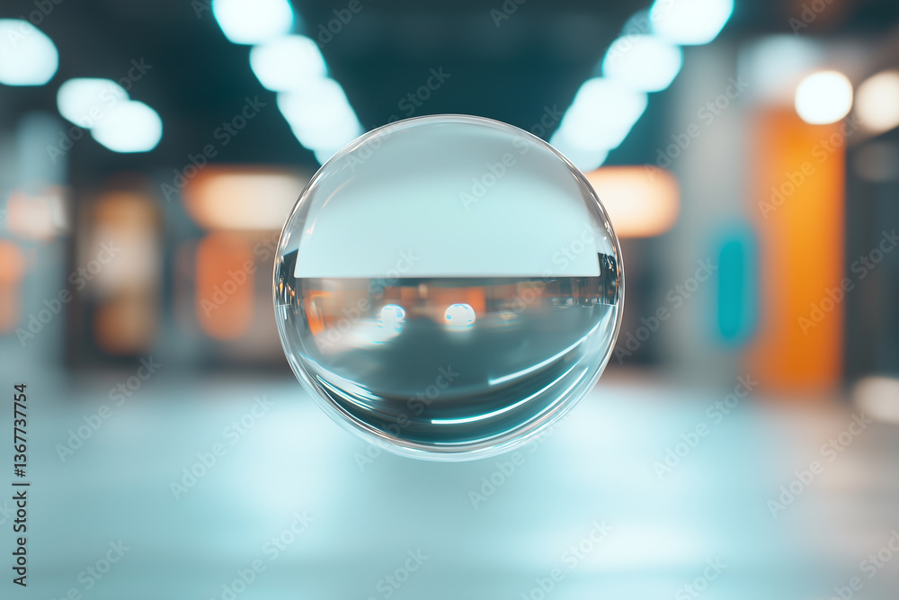 Aufkleber floating transparent bubble in blurred indoor environment with soft lighting and bokeh effect, creating dreamy atmosphere