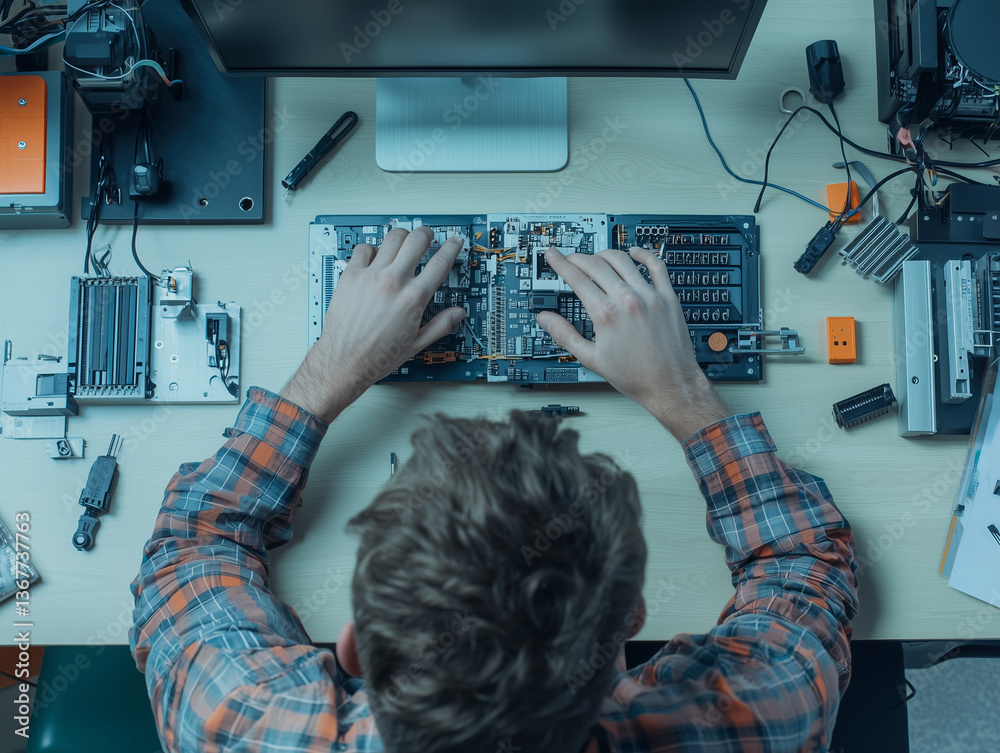 Poster man working on circuit board with tools on desk, viewed from above, showcasing focus and technical expertise