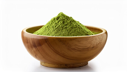 Matcha green tea powder in wooden bowl isolated on white background