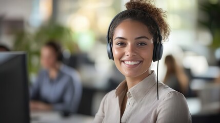 Obraz premium Cheerful Customer Service Agent With Headset In Office