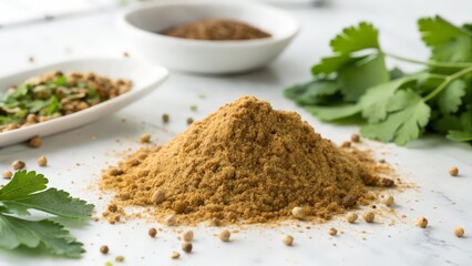 Ground Coriander Spice with Fresh Leaves and Whole Seeds on White Background for Culinary Use  

