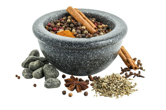 A rich assortment of spices and herbs in a traditional stone mortar with creative flair isolated on transparent background