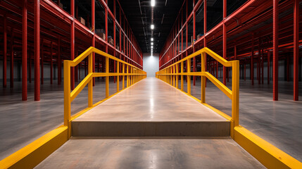 brightly lit industrial warehouse interior with red steel shelving and yellow safety railing walkway