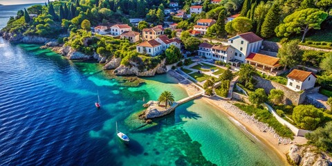 Obraz premium Luxurious Kalamota Beach House Resort, Kolocep Island, Adriatic Sea, Croatia - Aerial View