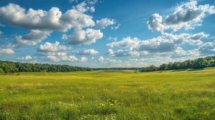 Obraz premium Wide Meadow with Wildflowers Beneath Blue Sky and Trees