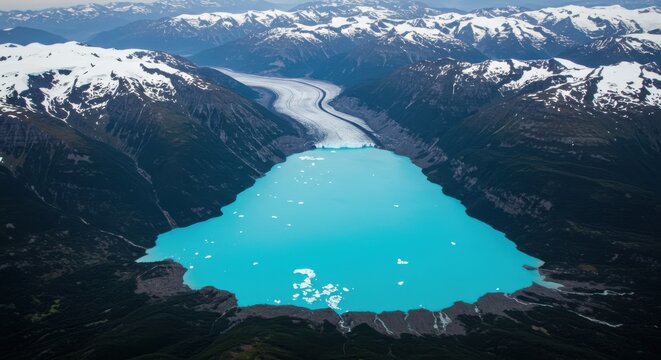 Aerial view of a turquoise glacial lake surrounded by snow-capped mountains