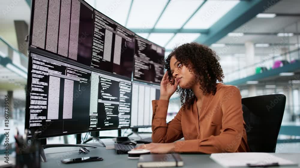 Aufkleber Unhappy Sad Developer Programmer Woman In Stress Coding Software