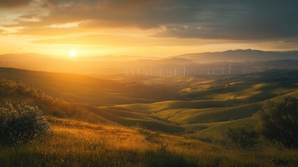 Obraz premium Stunning Green Valley at Sunrise with Rolling Hills and Distant Wind Turbines Silhouetted Against a Golden Sky