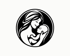 Happy Mother's Day Logo Design Template. Loving Family with Mother and Baby Silhouette Vector Illustration