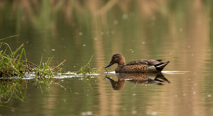 Gadwall duck gracefully gliding on the reflective water of a serene lake