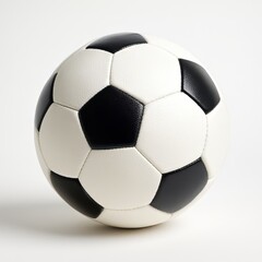 Fototapeta premium Soccer ball displays black and white panels sitting on a white surface with soft shadows