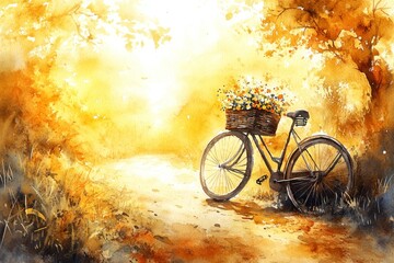 Obraz premium Golden Fields and Silent Roads, Bicycles with baskets