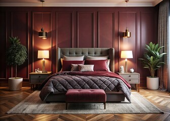 Luxurious Maroon Bedroom Interior Design with Copy Space for Text