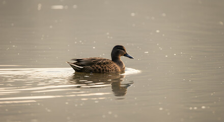 Fototapeta premium Gadwall duck elegantly swimming on a tranquil lake surface at golden hour