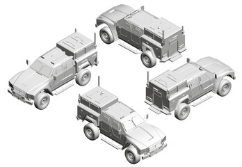 Four white Armored vehicles are shown in a row. The vehicles are all white and have a similar design, with a large roof. Isometric view. 3D.