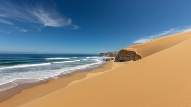 A stunning natural tableau is depicted, featuring meeting of sand dunes and ocean, dynamic coastal front, and peaceful merging of land and sea