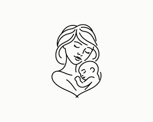 Happy Mother's Day Logo. Mother and Baby Cartoon Outline Vector Illustration. Loving Family Design Icon Template