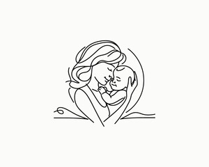 Happy Mother's Day Logo. Mother and Baby Cartoon Outline Vector Illustration. Loving Family Design Icon Template