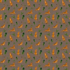 Leopard Tropics Pattern collection.This image features a repeating pattern of cheetahs and various types of green foliage on a blue and brown background

