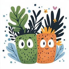 Naklejka premium Friendly Plant Characters with Green and Orange Hues in a Whimsical Floral Setting
