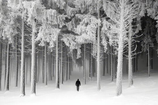 Solitary figure walks snowy winter forest