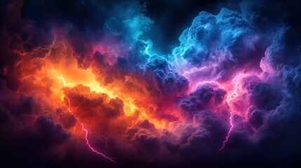 Vivid clouds blaze with lightning bolts. Dynamic, textured sky at night