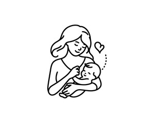 Happy Mother's Day Logo. Mother and Baby Cartoon Outline Vector Illustration. Loving Family Design Icon Template