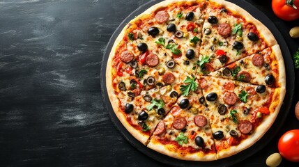 Delicious Pepperoni Pizza with Olives and Tomatoes on Black Background