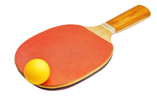 A close-up view of a ping pong paddle and ball resting on a white surface isolated on transparent background