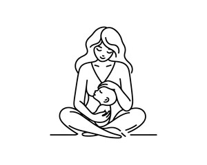 Happy Mother's Day Logo. Mother and Baby Cartoon Outline Vector Illustration. Loving Family Design Icon Template