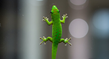 Fototapeta premium Emerald gecko displaying intricate toe pads while clinging to a glass surface