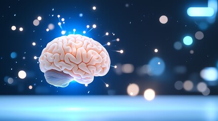 A glowing brain emitting blue and red light, floating in a tech core environment with spark-like energy pulses, hyper-tech design, dark background