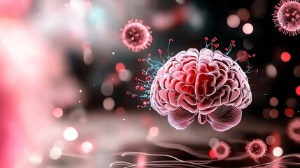 Fototapeta premium A neural brain core surrounded by blue and red aura, inside a digital data stream surrounded by flashing light particles, high contrast, dark background