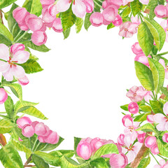 Red flowers, leaves and buds watercolor floral wreath isolated on white. Blooming apple tree frame hand drawn with copy space for greeting cards.