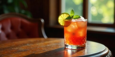 Refreshing summer beverage in a cut-glass tumbler, garnished with a lime wedge and fresh mint, sits on a dark wood table near a red leather chair, bathed in sunlight