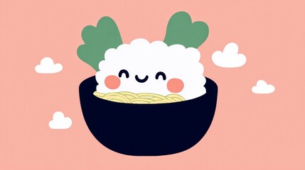Naklejka premium Happy Cartoon Rice in Dark Bowl with Noodles and Clouds