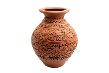 An intricately designed clay pot showcasing floral patterns, perfect for home decor or gardening isolated on transparent background
