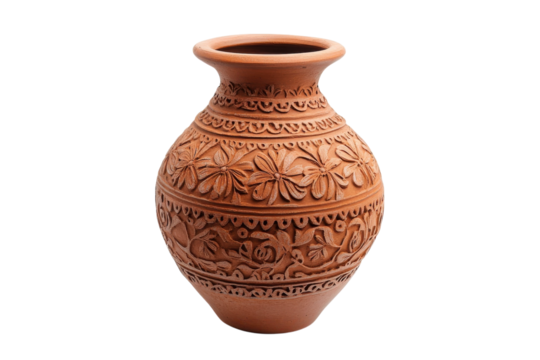 An intricately designed clay pot showcasing floral patterns, perfect for home decor or gardening isolated on transparent background